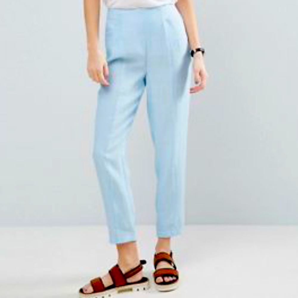 Asos Brand baby blue linen trousers.
